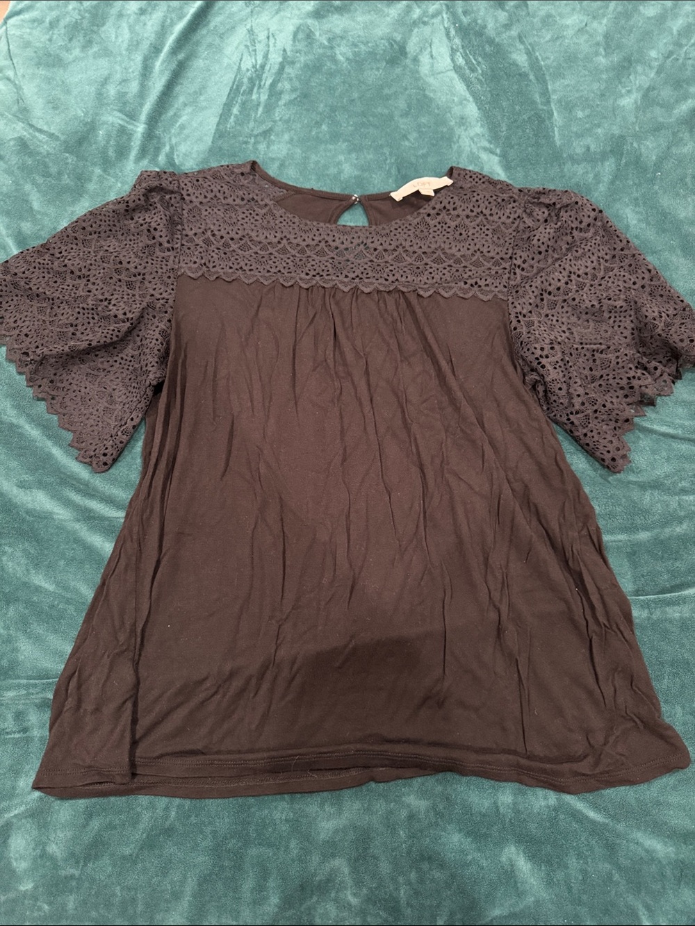Loft Women’s Lace Yoke Short Sleeve Top - Black